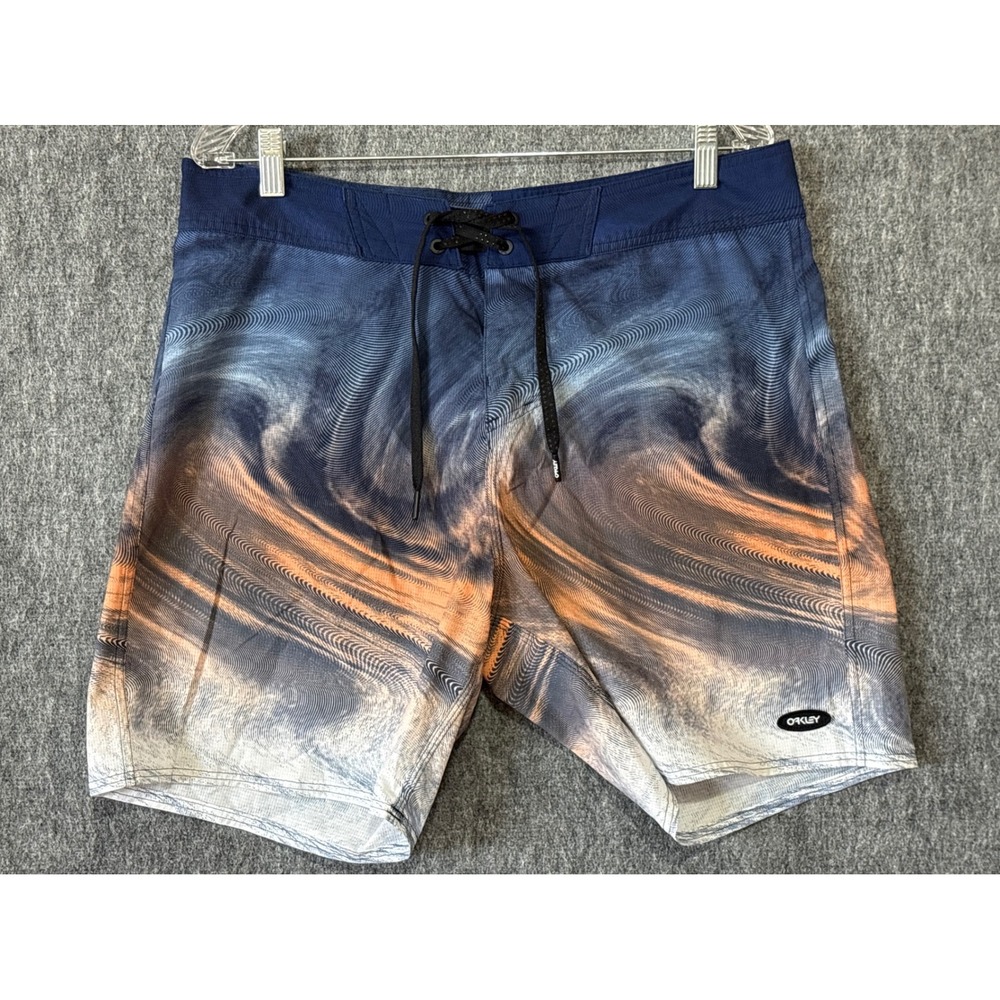 Oakley Performance Fit Board Shorts Mens 34 Blue Orange Psychedelic Wave Surf